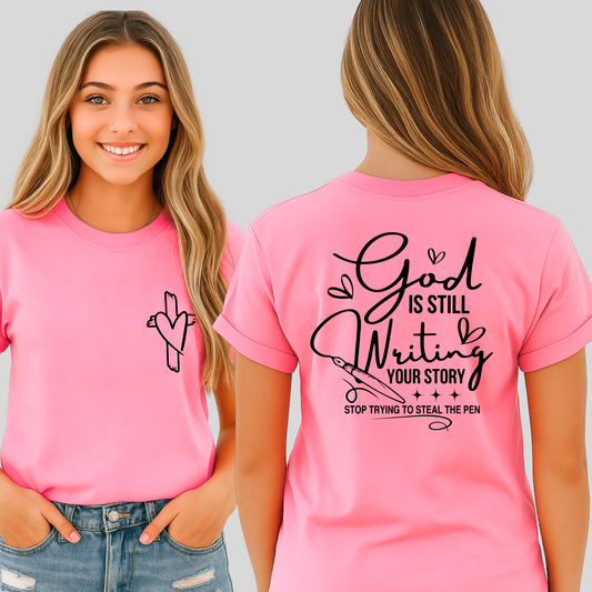 Teen wearing a Bright pink youth Christian T-shirt for girls

