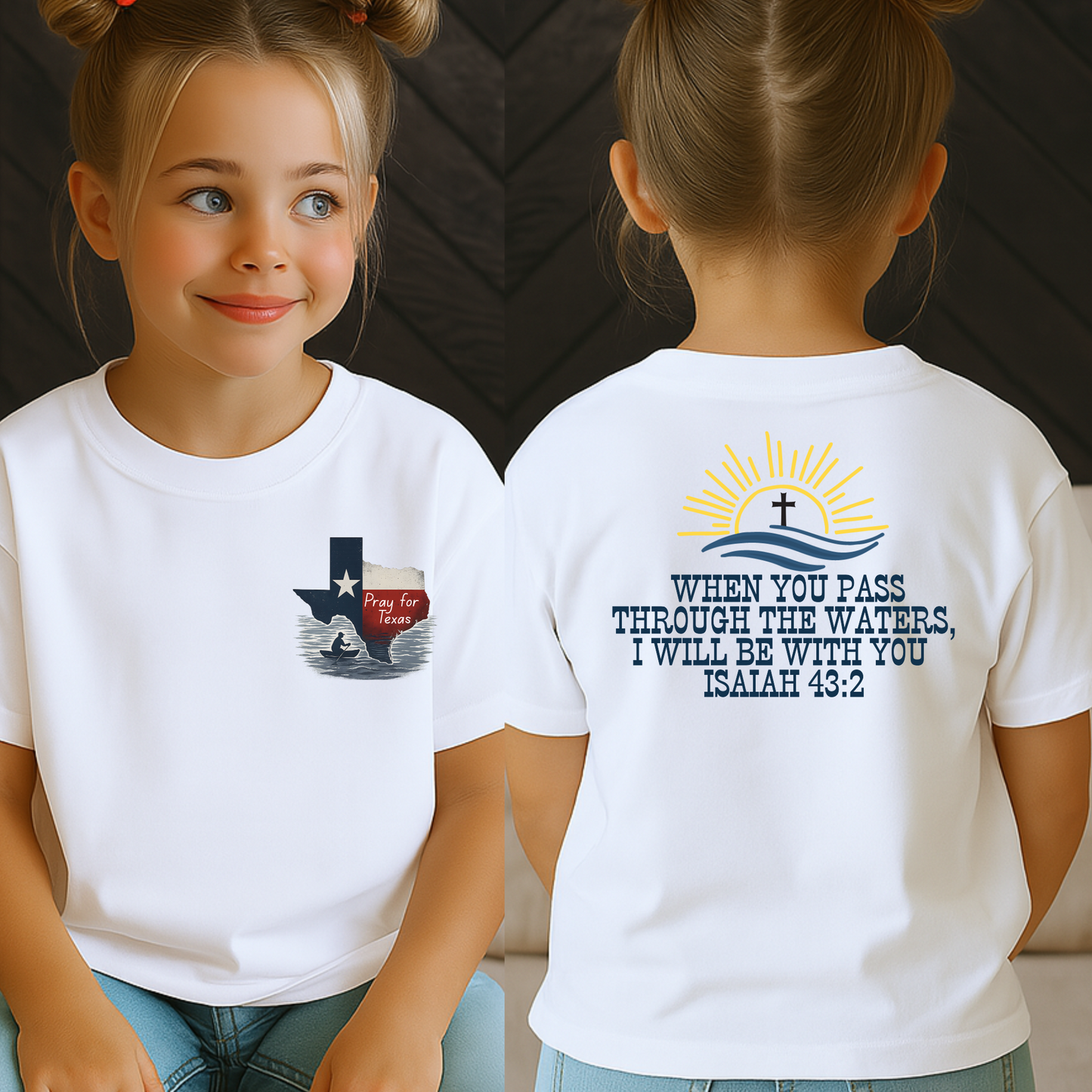 Youth girl in safety pink Christian t-shirt with Texas silhouette and “Pray for Texas” flood image on front, and Isaiah 43:2 promise from the Bible on back, uplifting scripture shirt for Christian kids and relief support