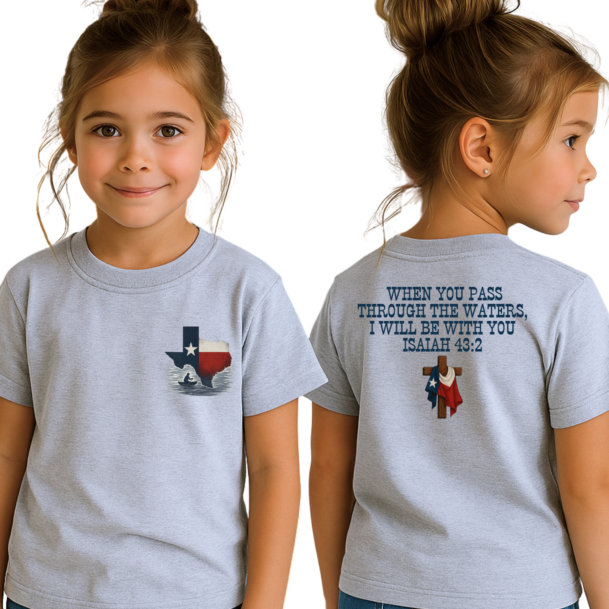 Child wearing a gray t-shirt with a Texas flag design on the front and a motivational quote on the back.