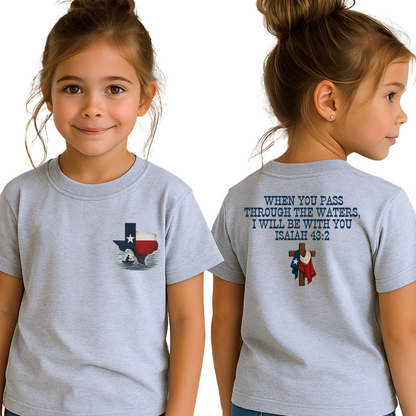 Child wearing a gray t-shirt with a Texas flag design on the front and a motivational quote on the back.