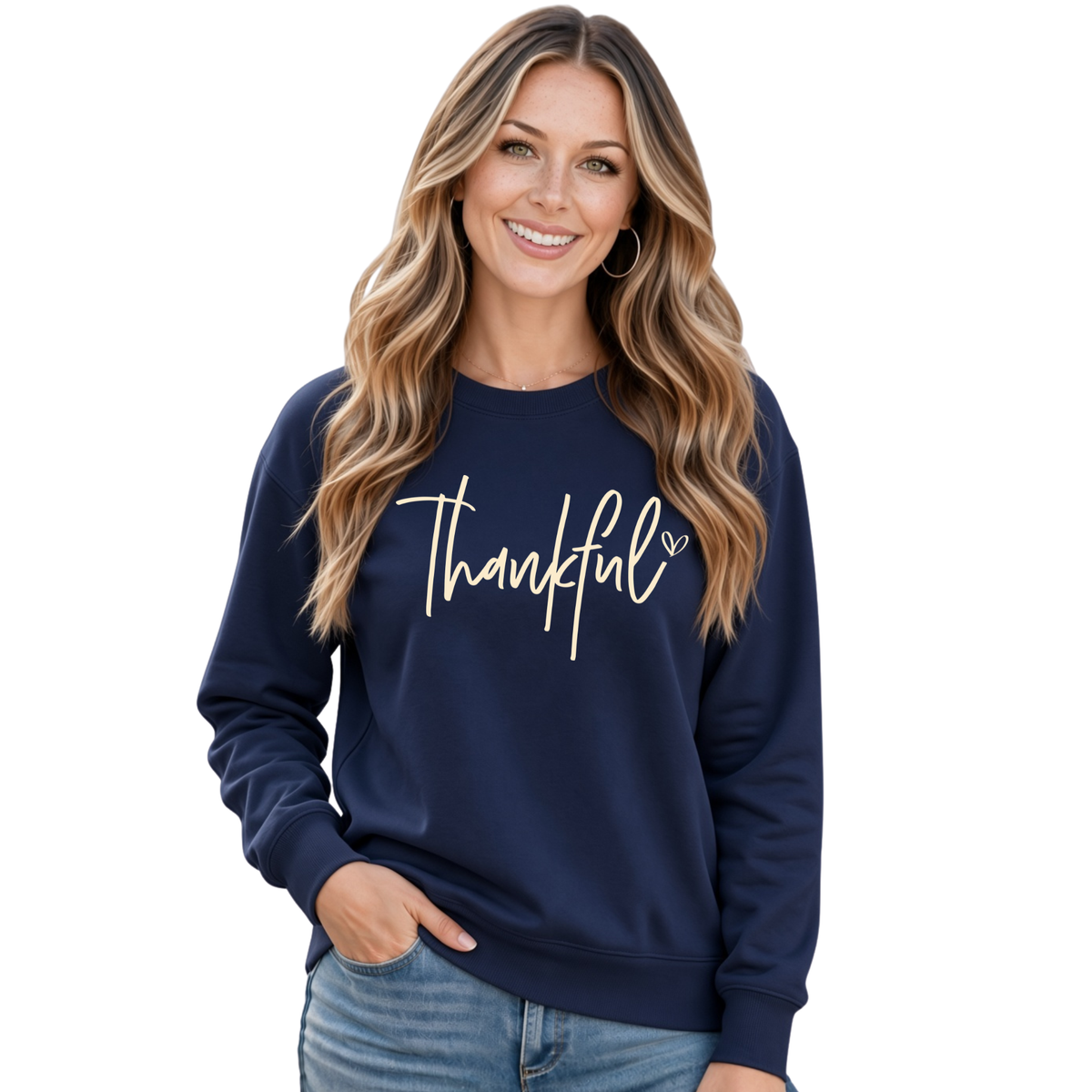Woman modeling a navy crewneck sweatshirt with a white Thankful script design on a white background