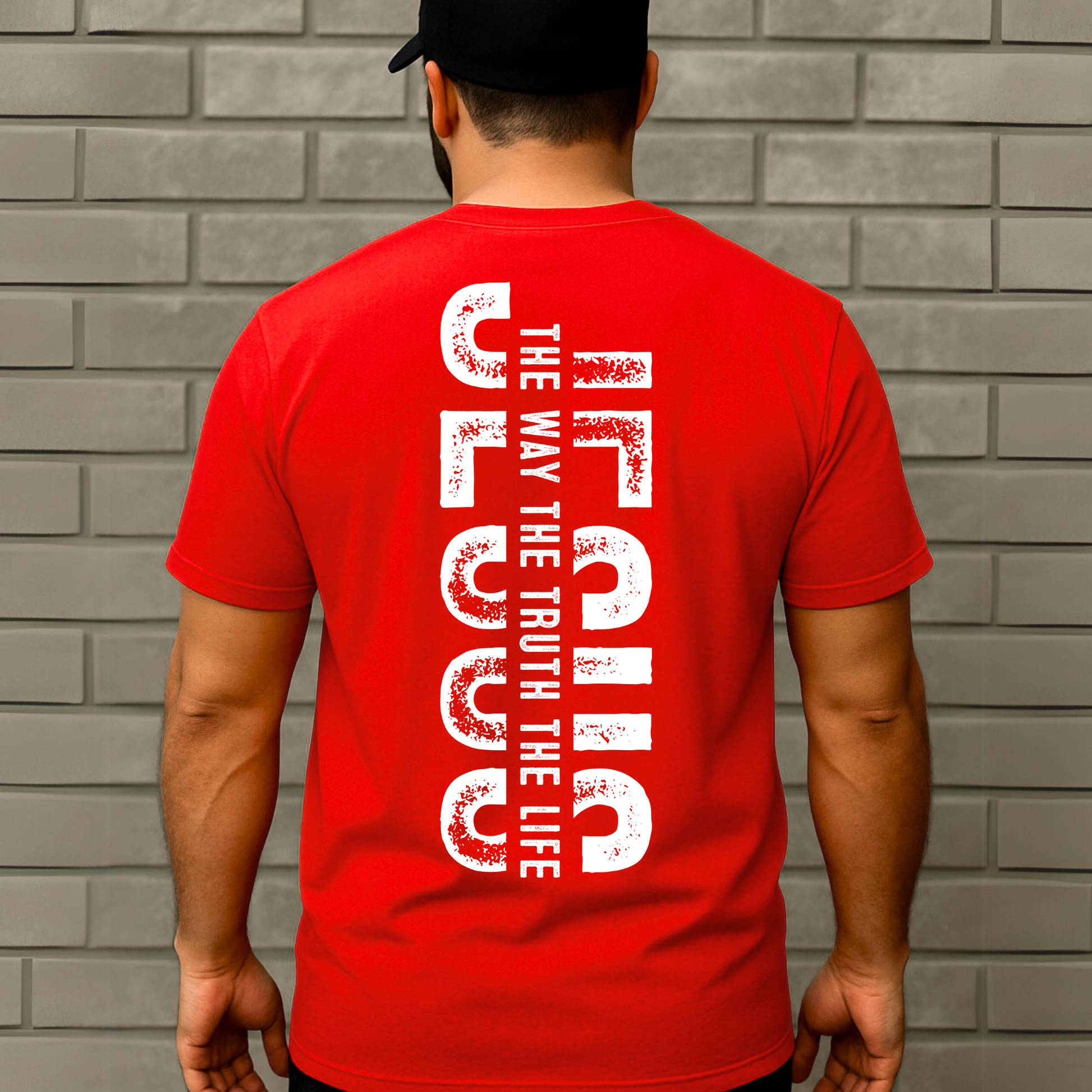 Red inspirational T-shirt with front cross and vertical JESUS back print
