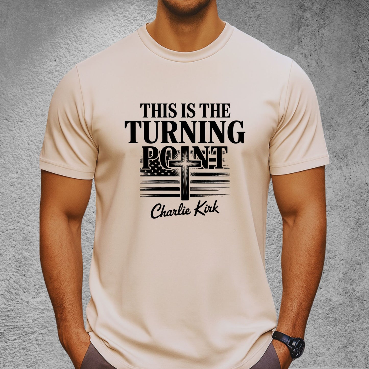 “Sand color This Is The Turning Point Charlie Kirk tee — cross + stripes graphic