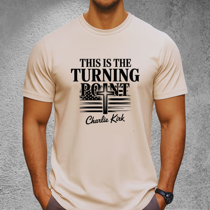 “Sand color This Is The Turning Point Charlie Kirk tee — cross + stripes graphic