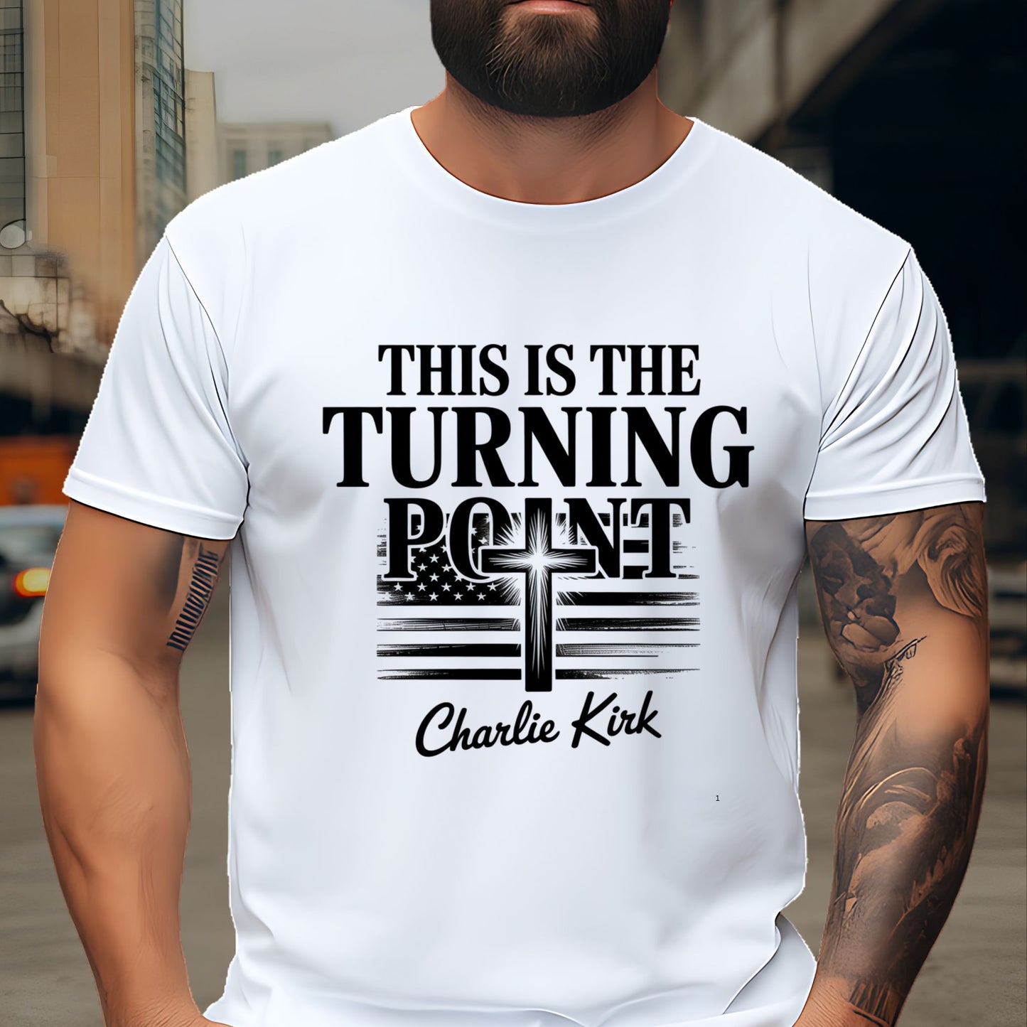 This Is The Turning Point Charlie Kirk white unisex tee with cross and flag