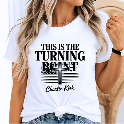 This Is The Turning Point cross graphic T-shirt in white — faith and flag design