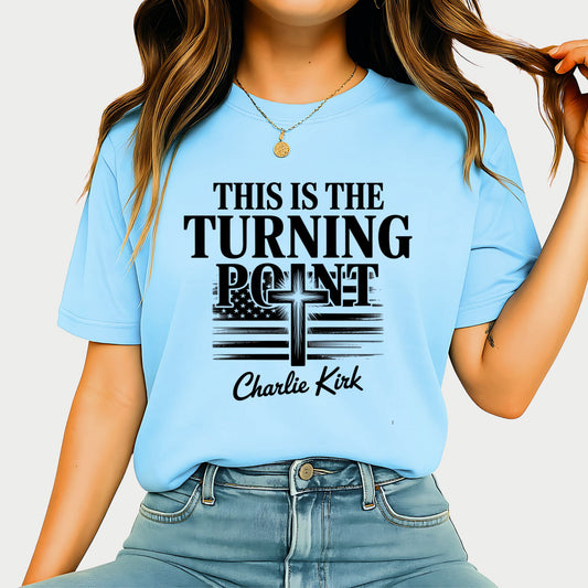 This Is The Turning Point Christian cross graphic tee in light blue — unisex fiT