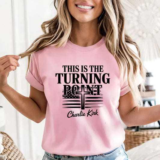 This Is The Turning Point cross design T-shirt in light pink — soft cotton faith shirt