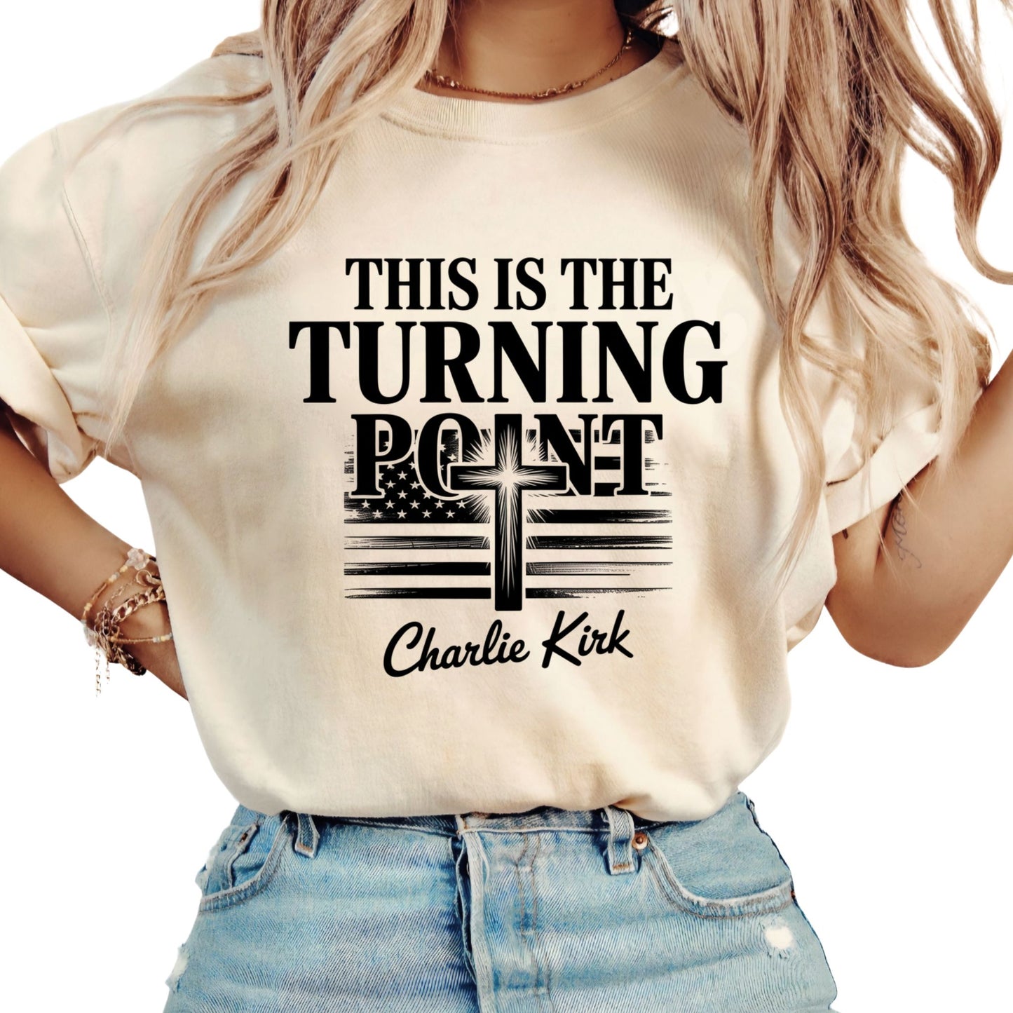 This Is The Turning Point patriotic cross shirt in sand color — unisex Christian tee