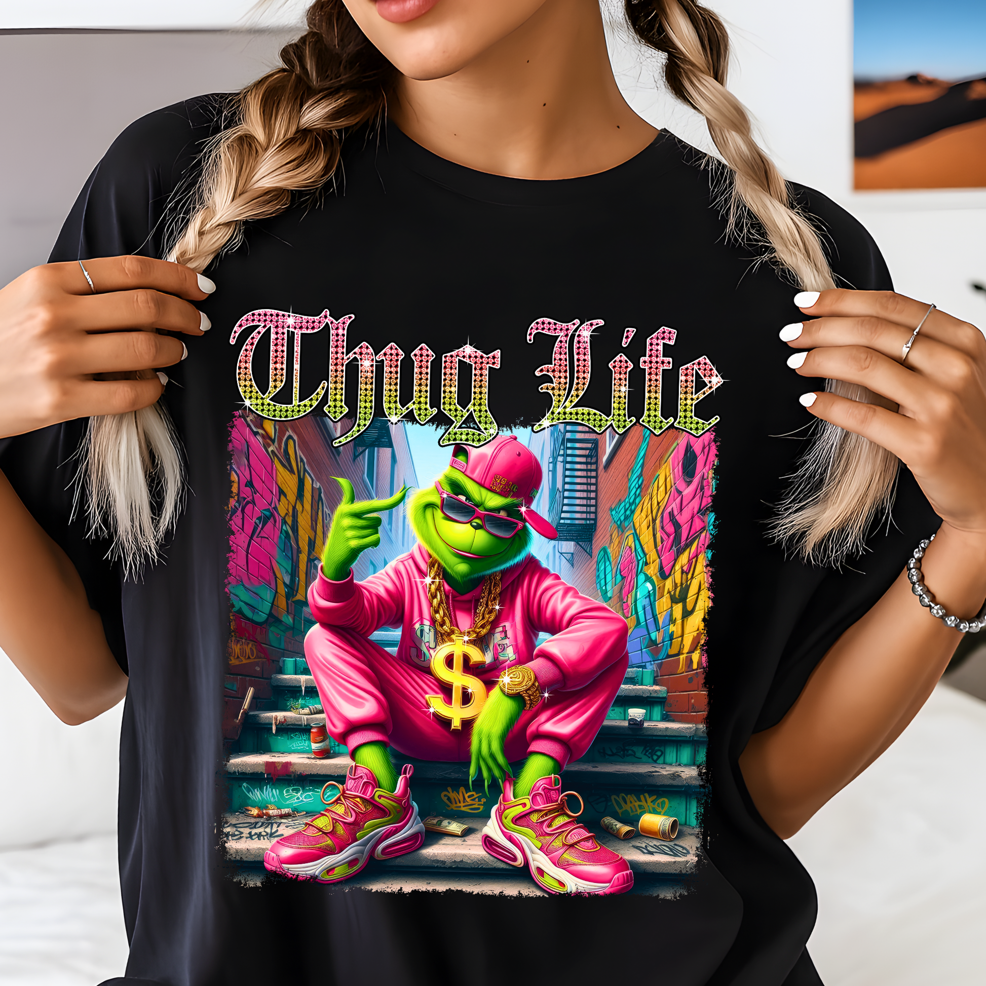 Black unisex t-shirt with Thug Life graphic, neon street art character, colorful background.