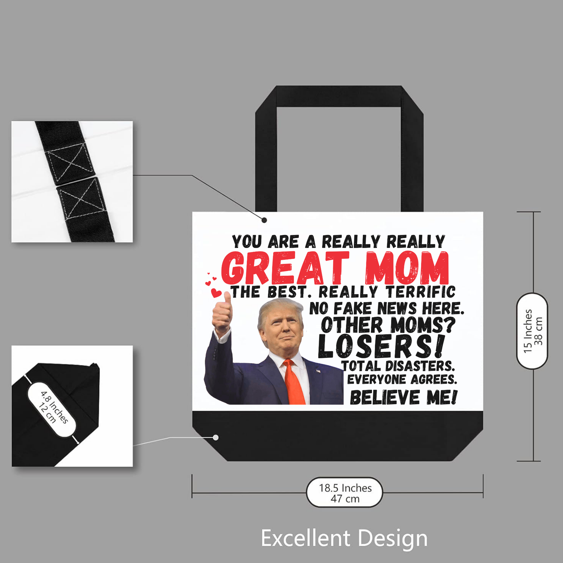 Product sizing chart for Trump “Great Mom” tote – Republican gift idea