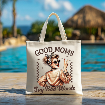 Tote by the pool – “Good Moms Say Bad Words” with vintage pinup girl
