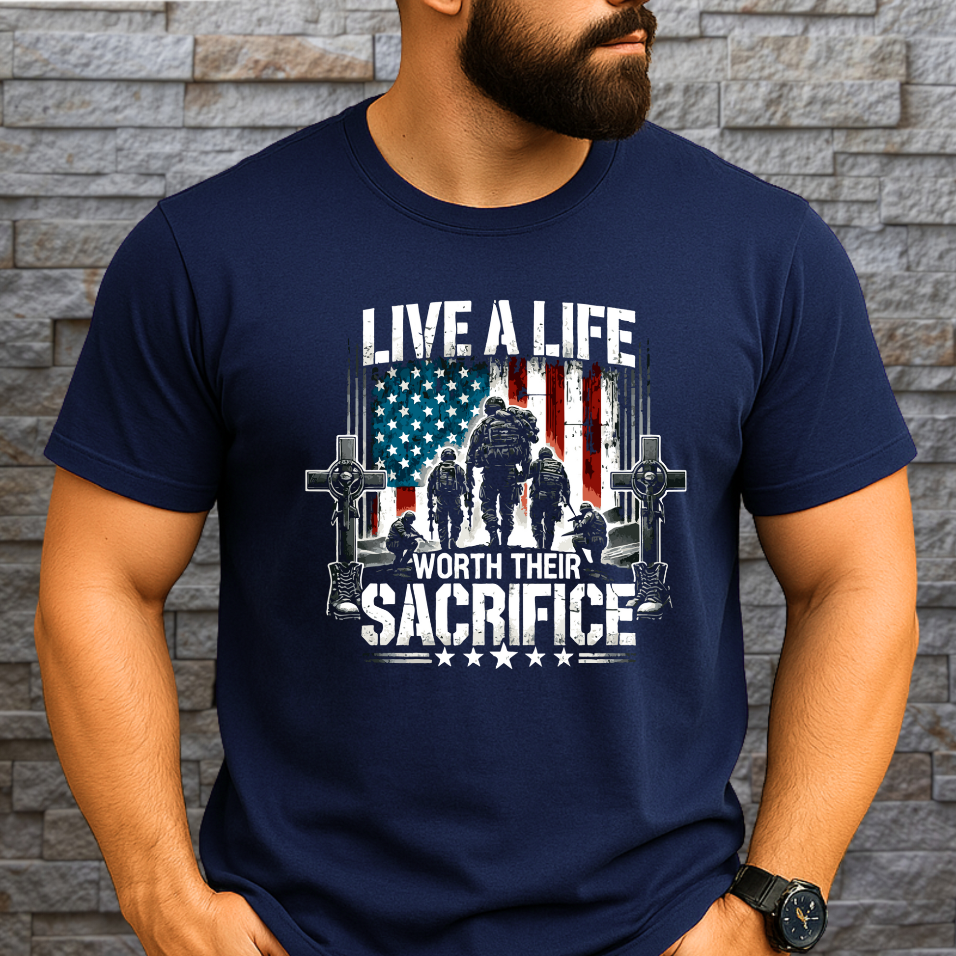 Man in navy blue patriotic tribute shirt featuring American flag and soldier memorial graphic
