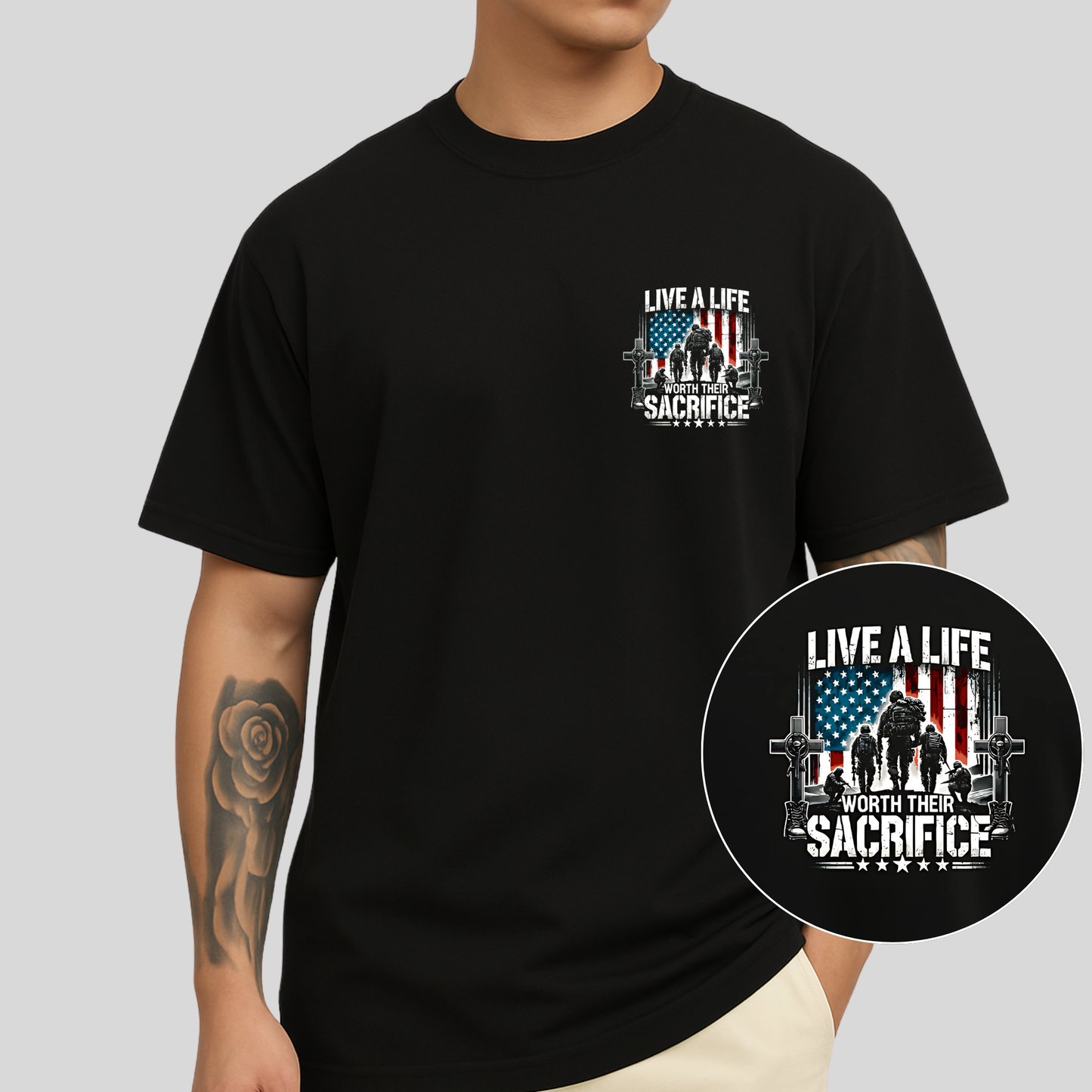 Live a Life Worth Their Sacrifice Men's T-Shirt – Front Pocket & Full Back Patriotic Military