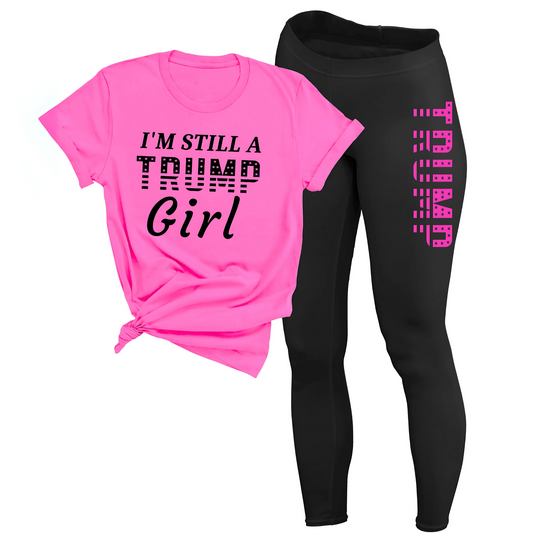 Pink Trump Girl shirt and black TRUMP leggings styled as a matching patriotic outfit set