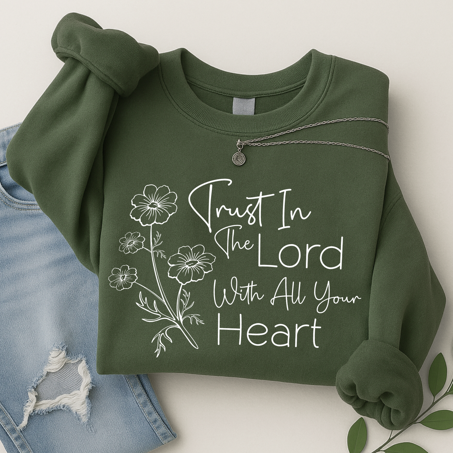 Green Bible verse sweatshirt with floral detail
