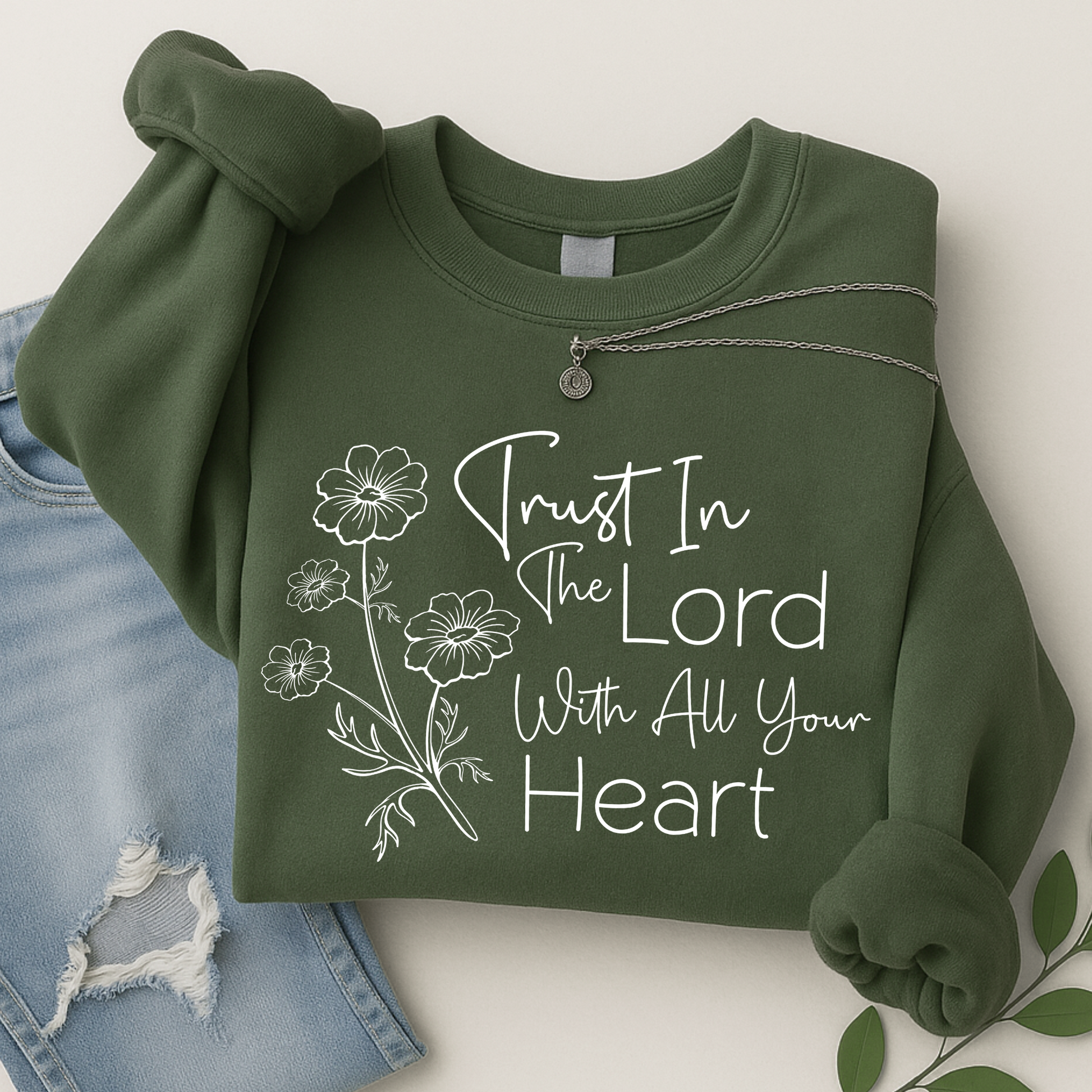 Green Bible verse sweatshirt with floral detail