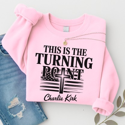 Flat lay pink sweatshirt with “This Is the Turning Point” patriotic Christian cross design