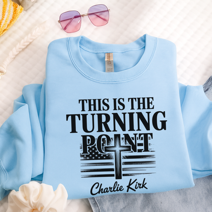 Flat lay light blue sweatshirt with “This Is the Turning Point” Christian patriotic cross design