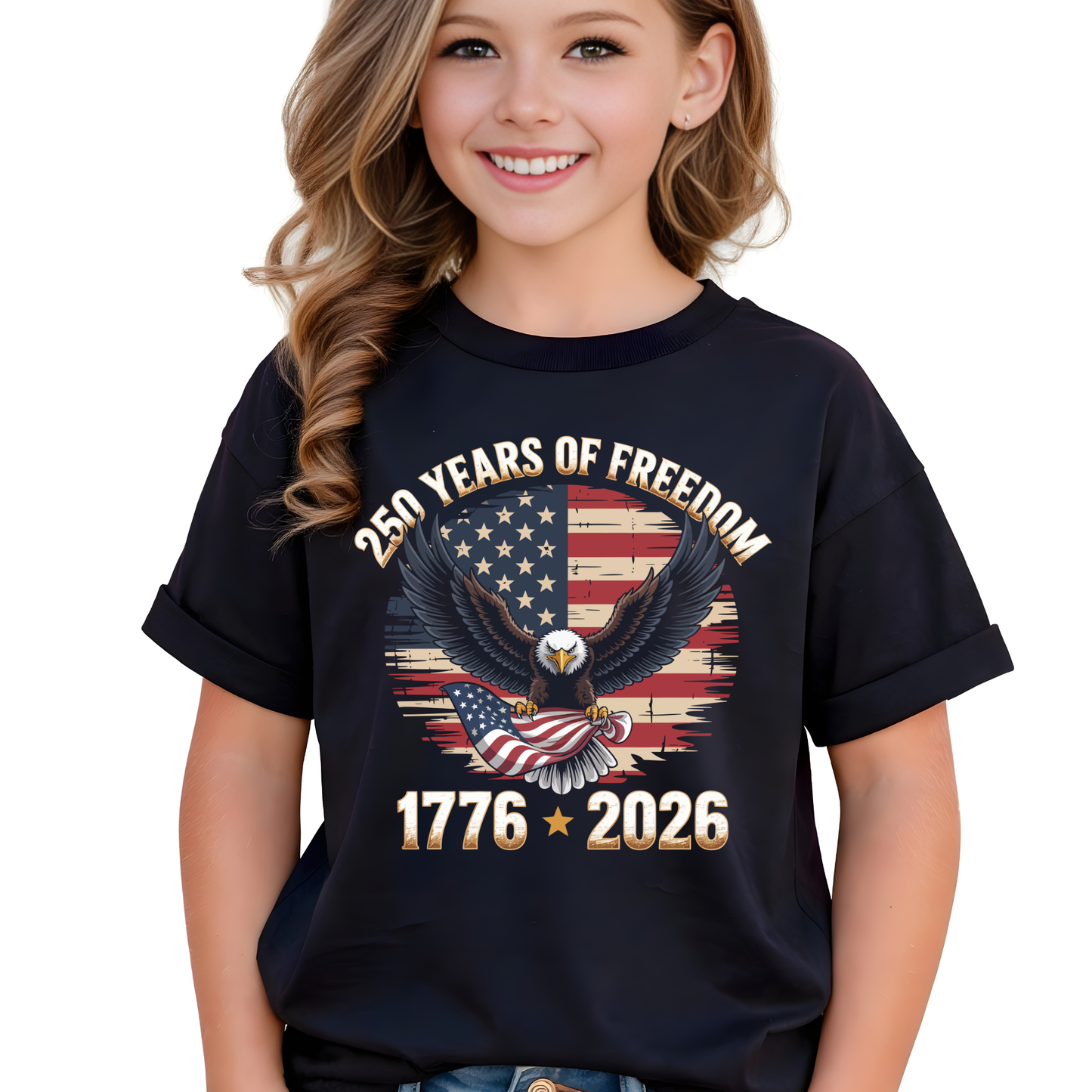 Tween Girl wearing a black t-shirt with an American flag and eagle design celebrating 250 years of freedom.