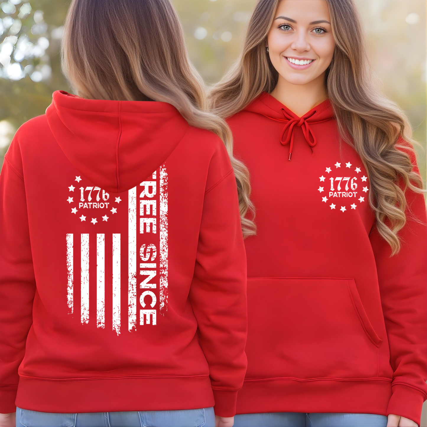 Two people wearing red hoodies with patriotic designs, one on the front and one on the back.