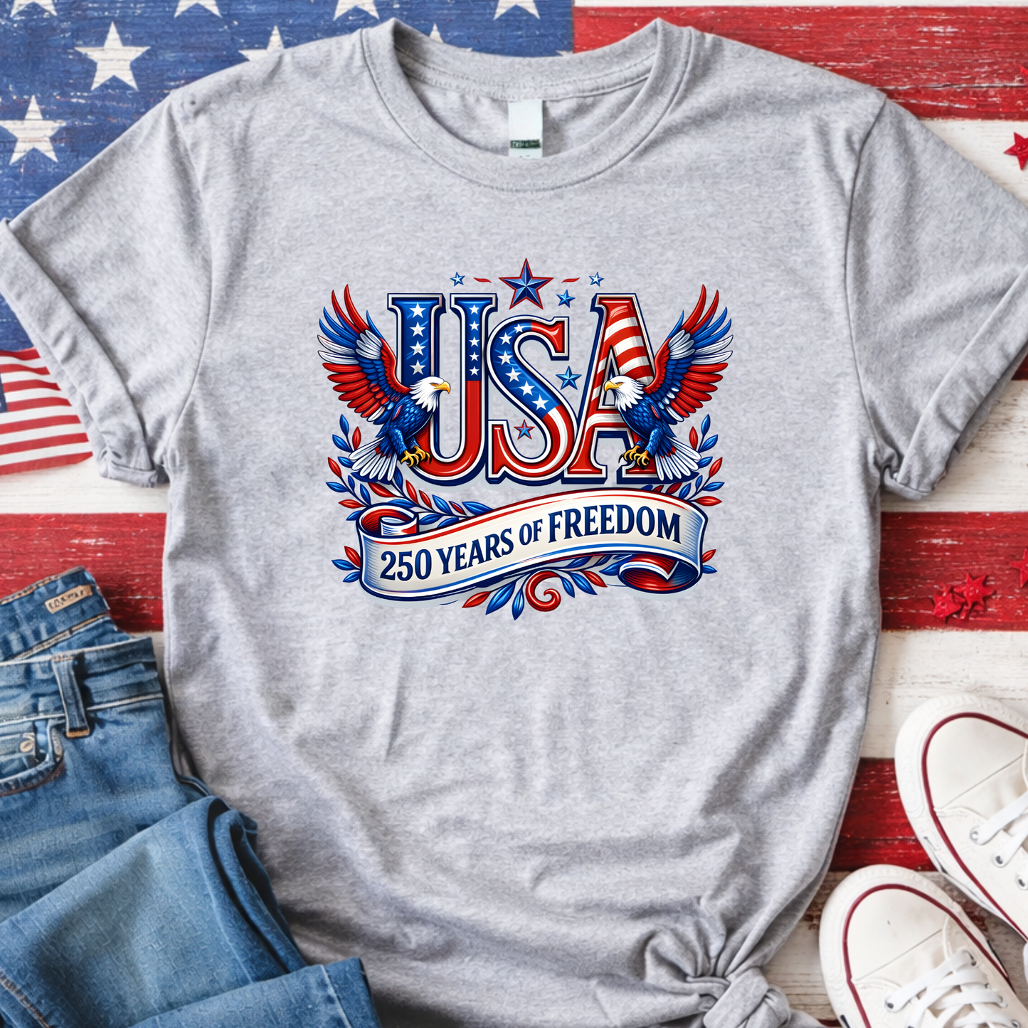 Gray t-shirt with 'USA 250 Years of Freedom' design on an American flag background