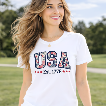 White T-Shirt image: White USA Est. 1776 floral patriotic t-shirt – America 250 anniversary shirt for women.
