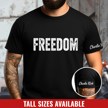 Black Charlie Kirk Freedom memorial T-shirt with bold lettering