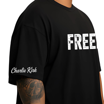 Black Charlie Kirk Freedom memorial T-shirt with bold lettering