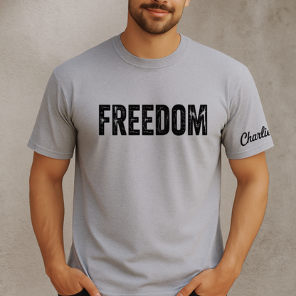 Sports Gray Charlie Kirk Freedom memorial shirt with sleeve detail