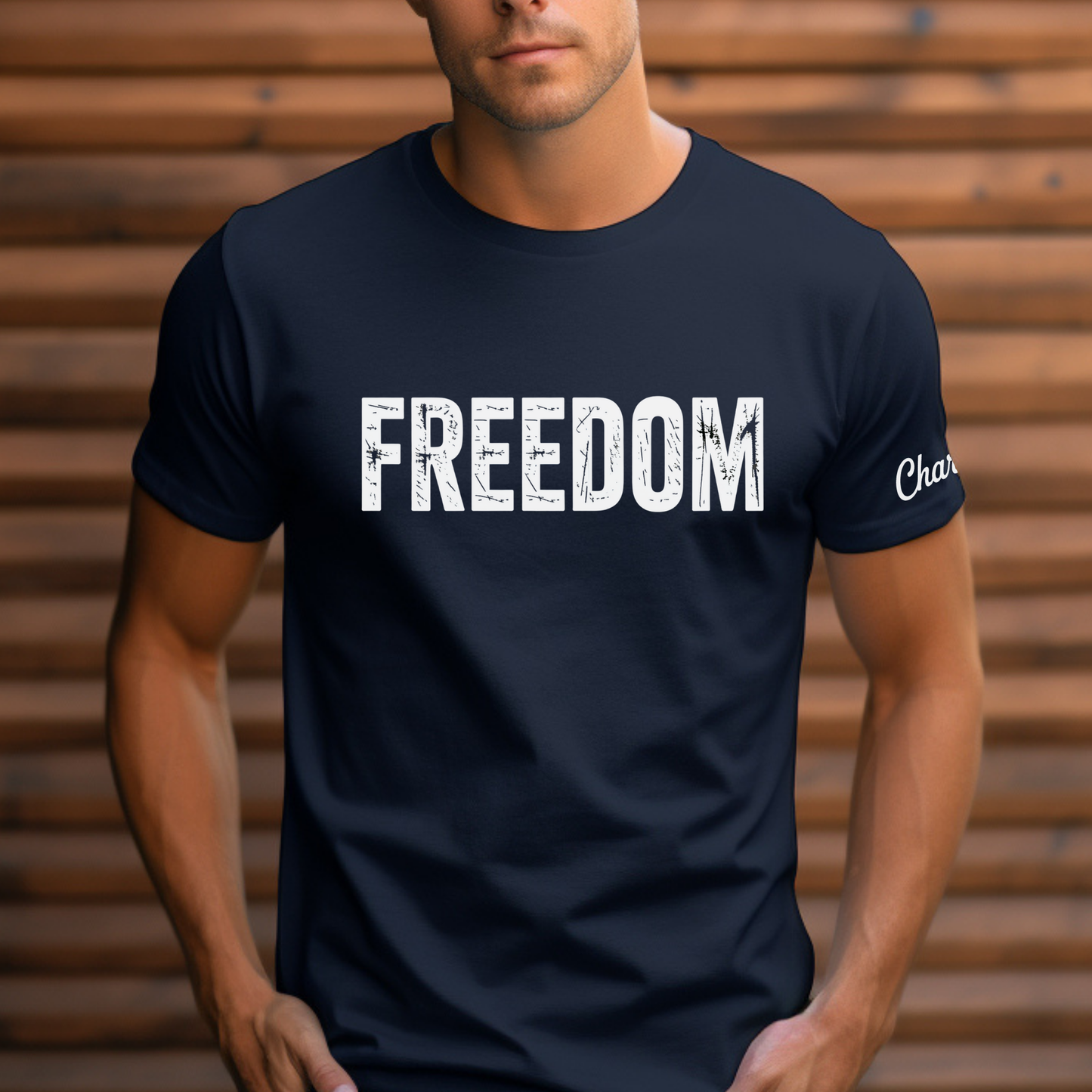 Navy Charlie Kirk Freedom shirt styled for men