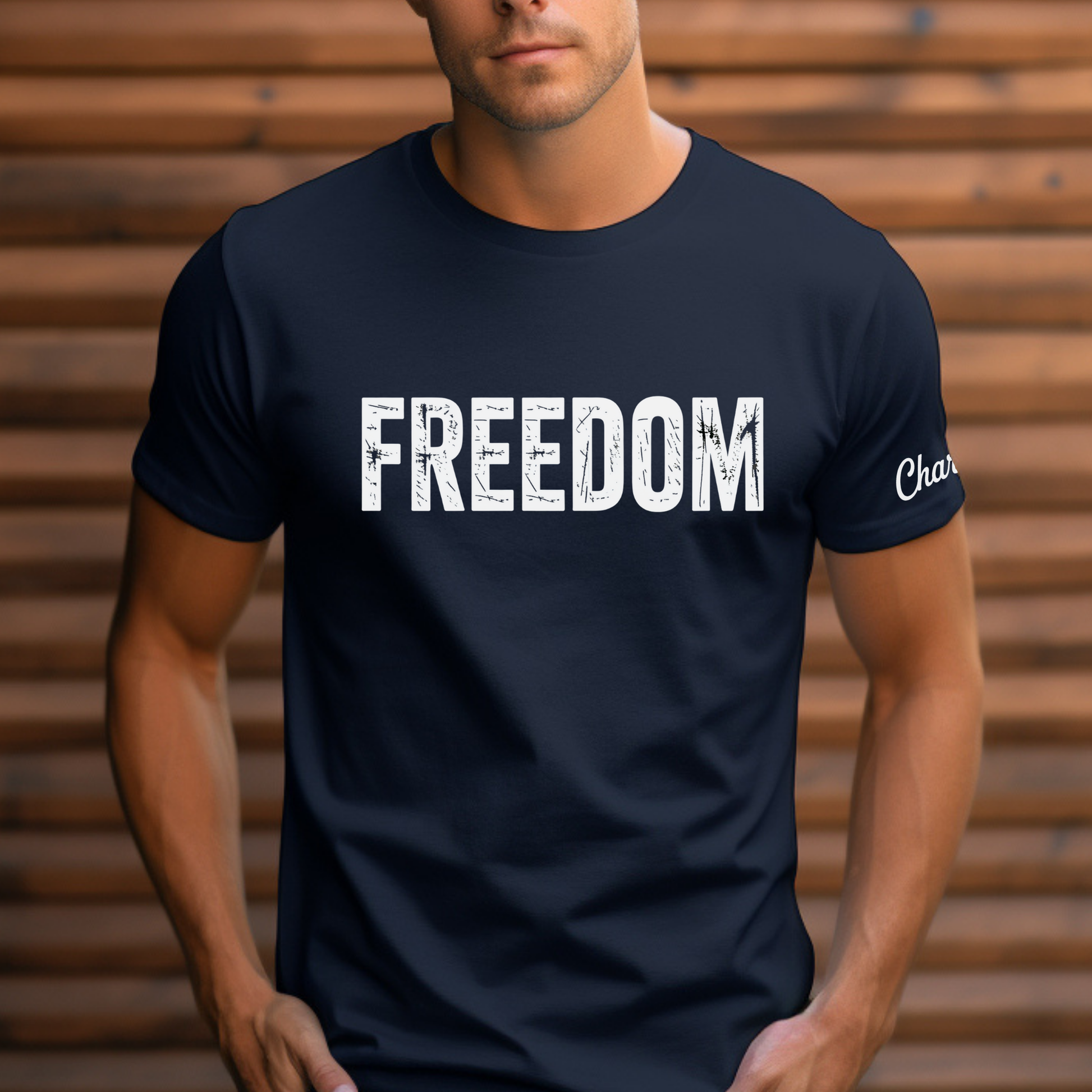 Navy Charlie Kirk Freedom shirt styled for men