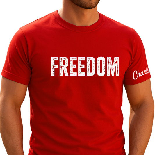 Red Charlie Kirk Freedom Memorial tee modeled by man