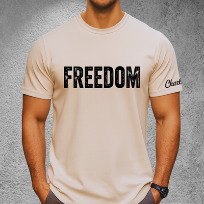 Sand Colored Charlie Kirk Freedom memorial shirt with sleeve detail