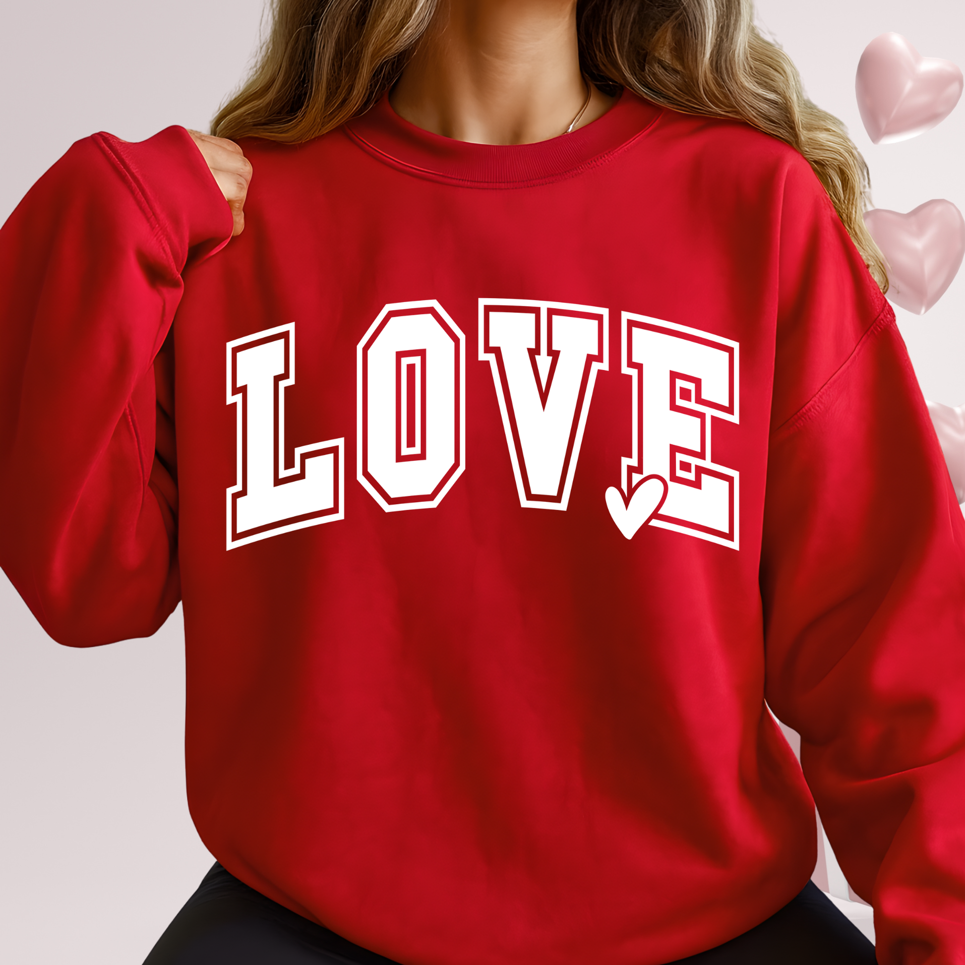 Unisex LOVE sweatshirt in deep red for Valentine outfits
