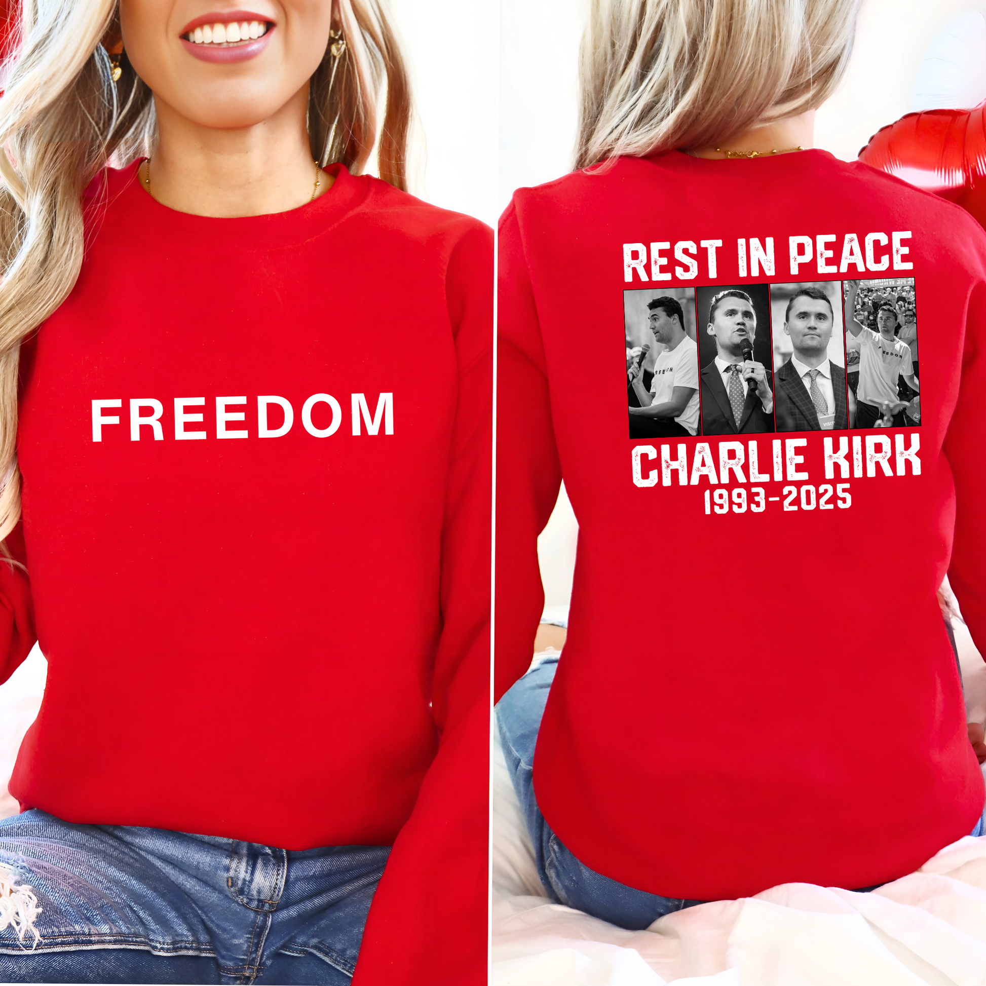 Red Charlie Kirk Freedom memorial sweatshirt modeled by woman