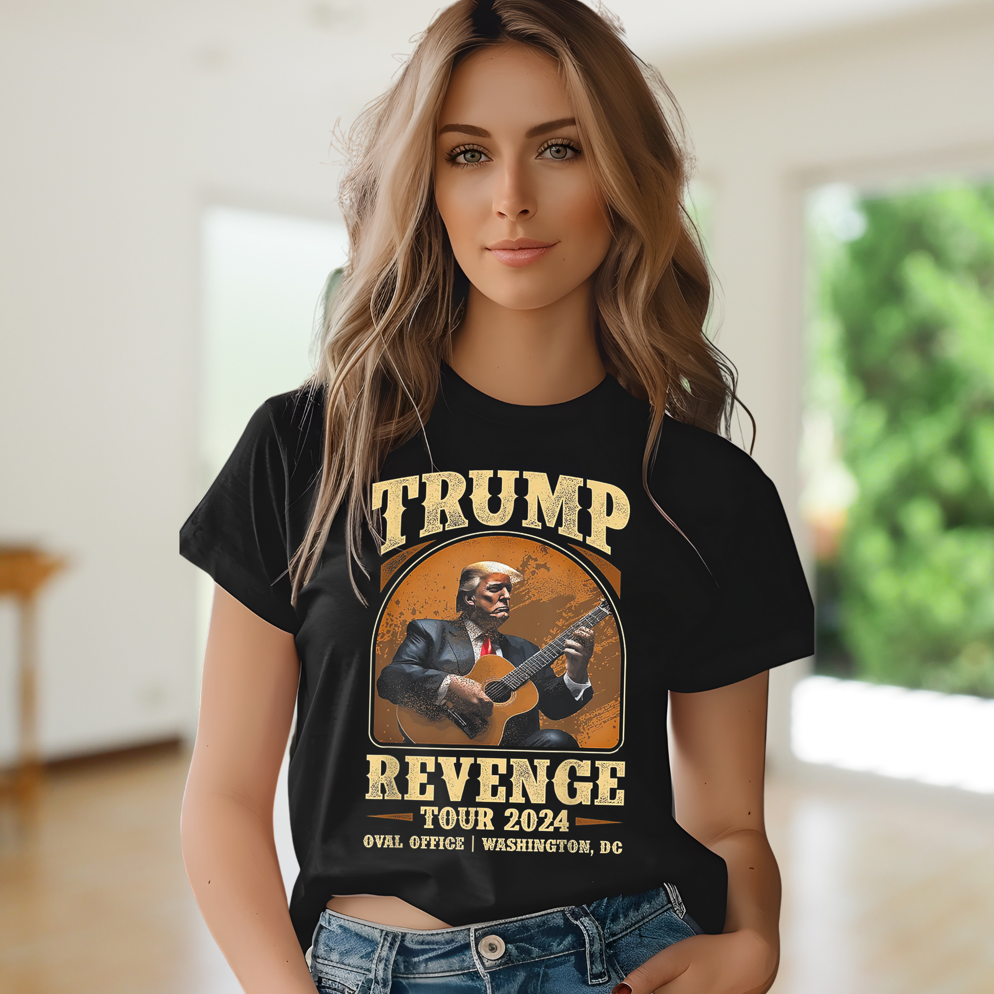 Unisex fit Trump Revenge Tour shirt modeled by serious woman

