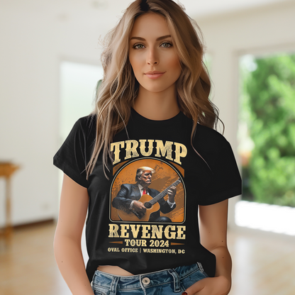 Unisex fit Trump Revenge Tour shirt modeled by serious woman

