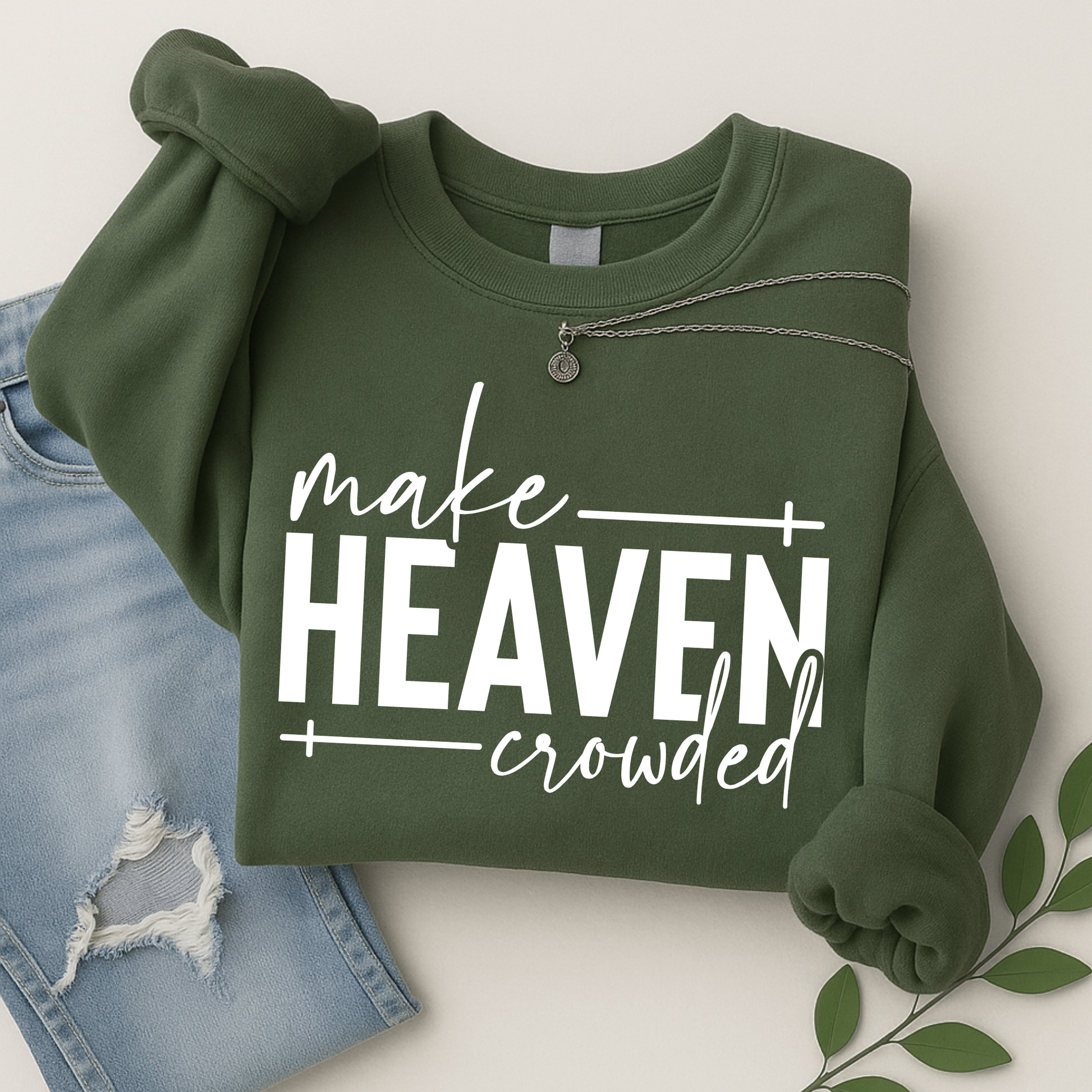 Green Make Heaven Crowded sweatshirt modeled outdoors