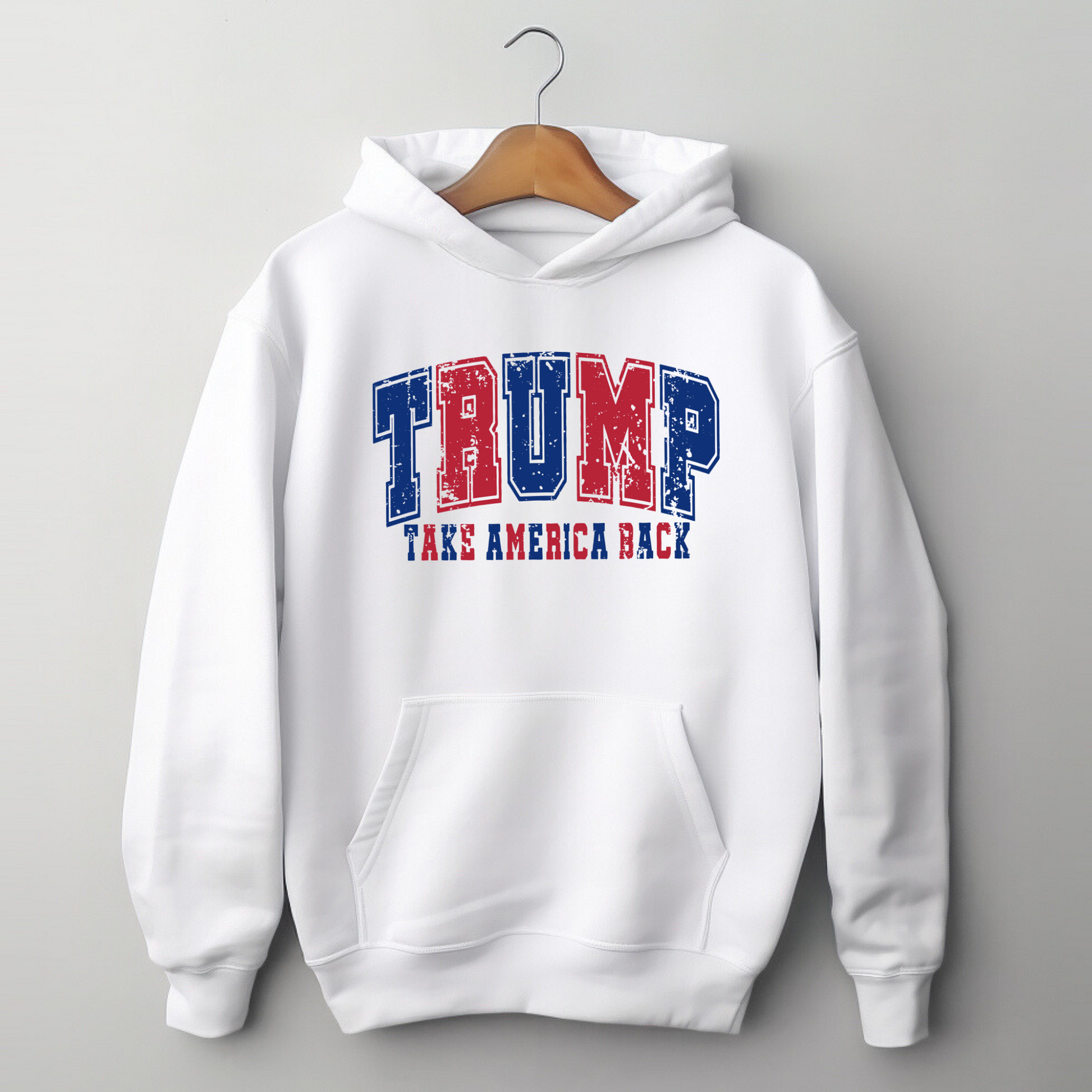 White Trump 47 hoodie with bold red, white, and blue front print