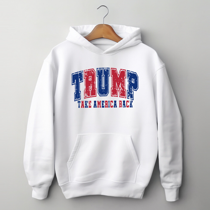 White Trump 47 hoodie with bold red, white, and blue front print