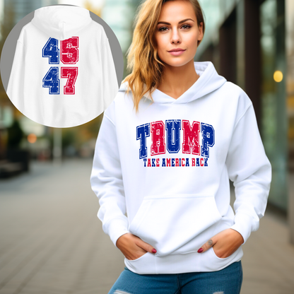 Woman wearing white Trump 47 hoodie with bold lettering
