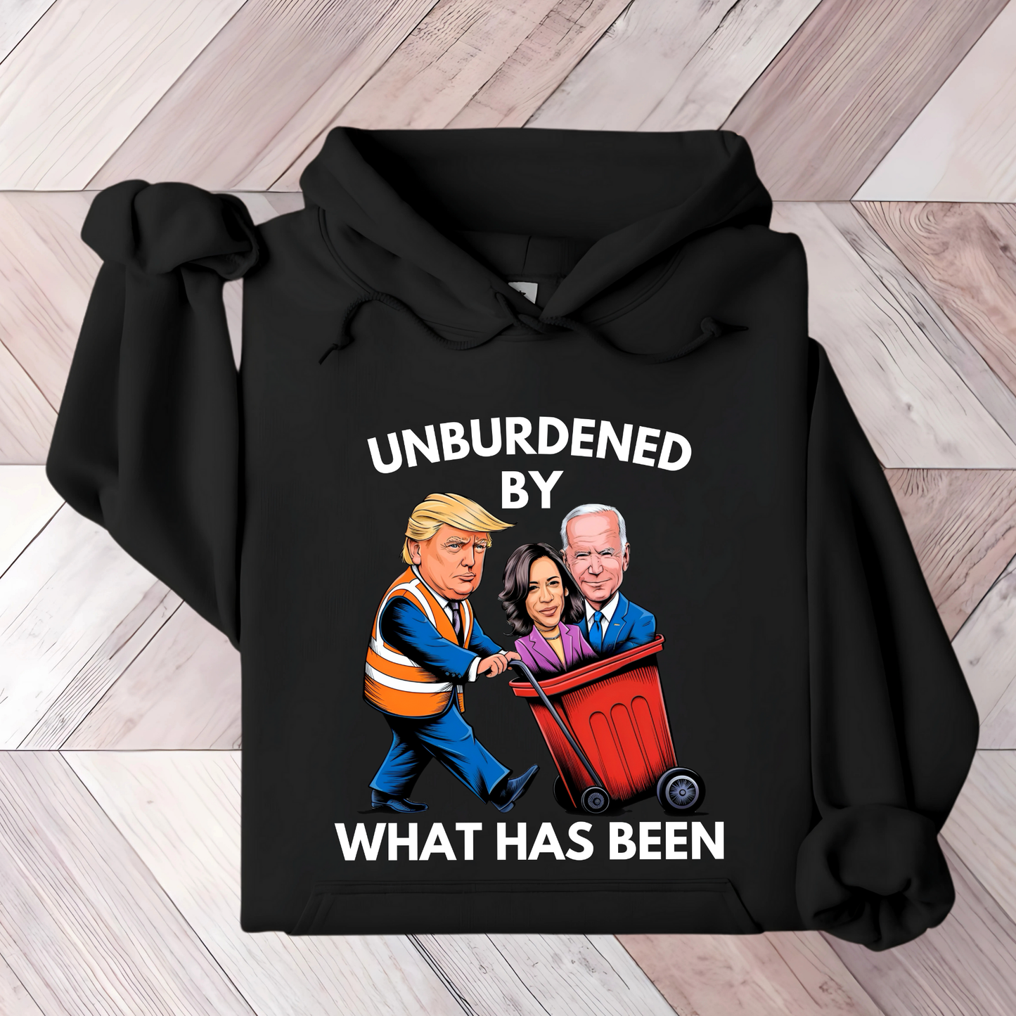 Black hoodie with bold political cartoon design