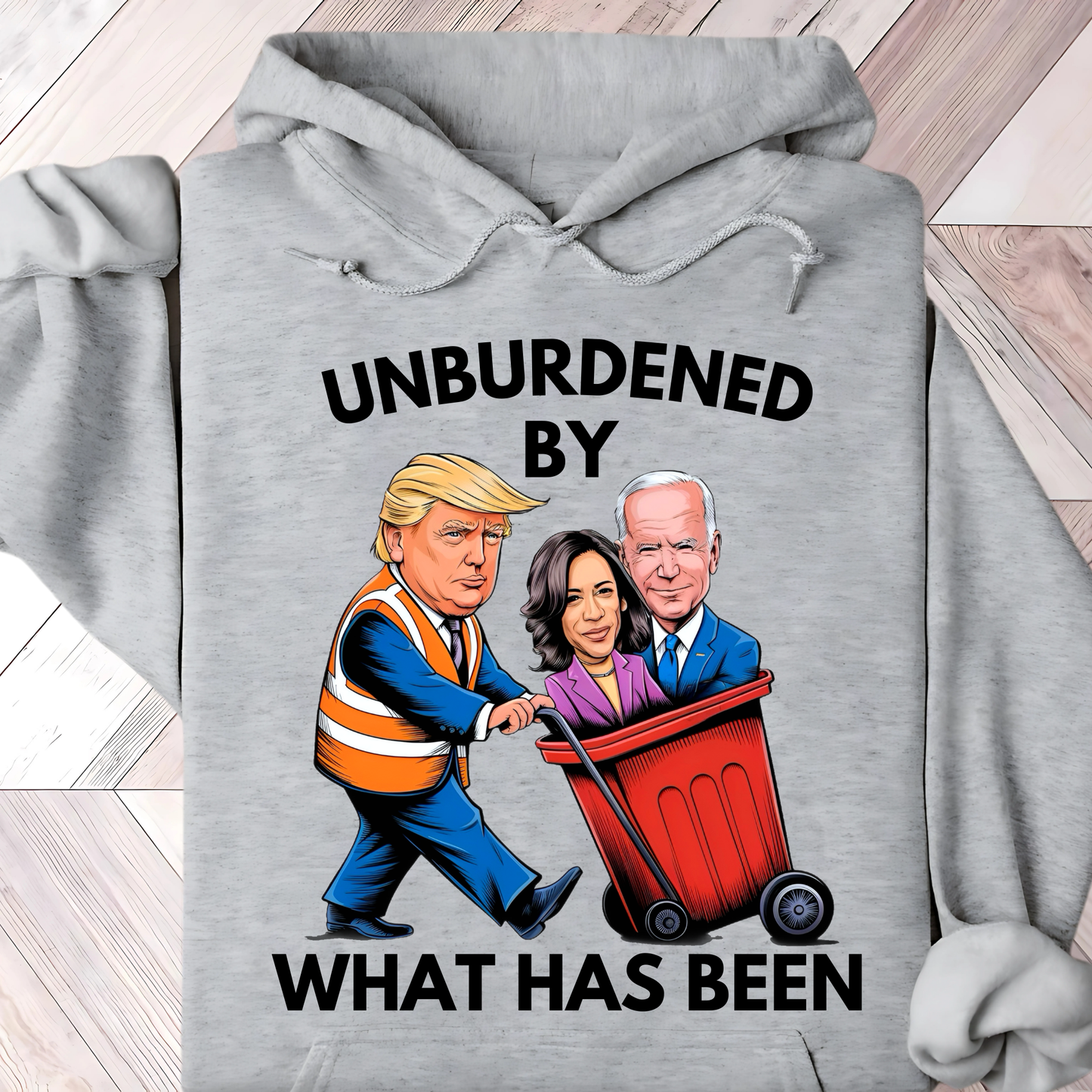 Gray Unburdened by What Has Been hoodie flat lay