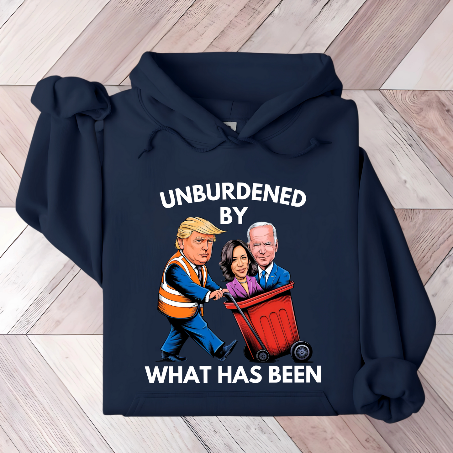 Navy Unburdened by What Has Been hoodie folded flat
