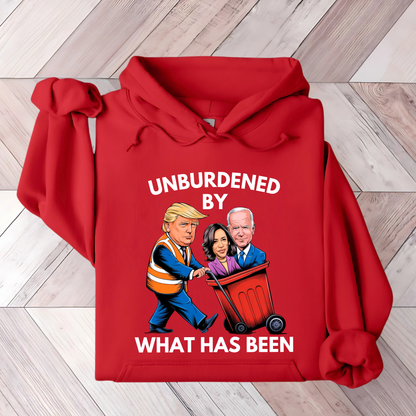 Red Unburdened by What Has Been hoodie with colorful graphic print