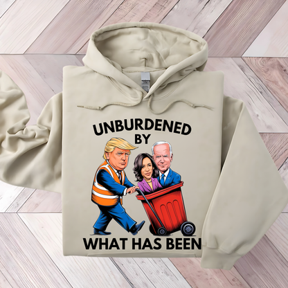 Sand hoodie with Unburdened by What Has Been print