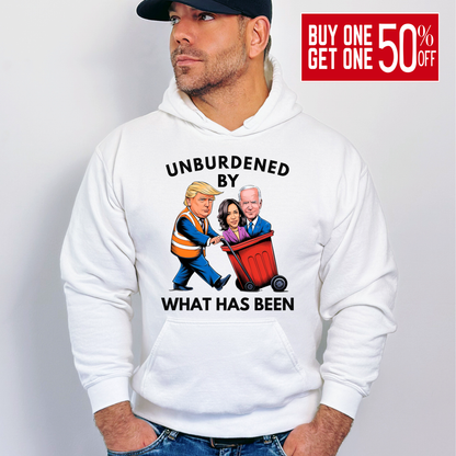 Man wearing white Unburdened by What Has Been hoodie with political cartoon graphic