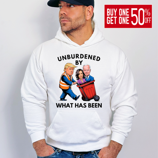 Man wearing white Unburdened by What Has Been hoodie with political cartoon graphic