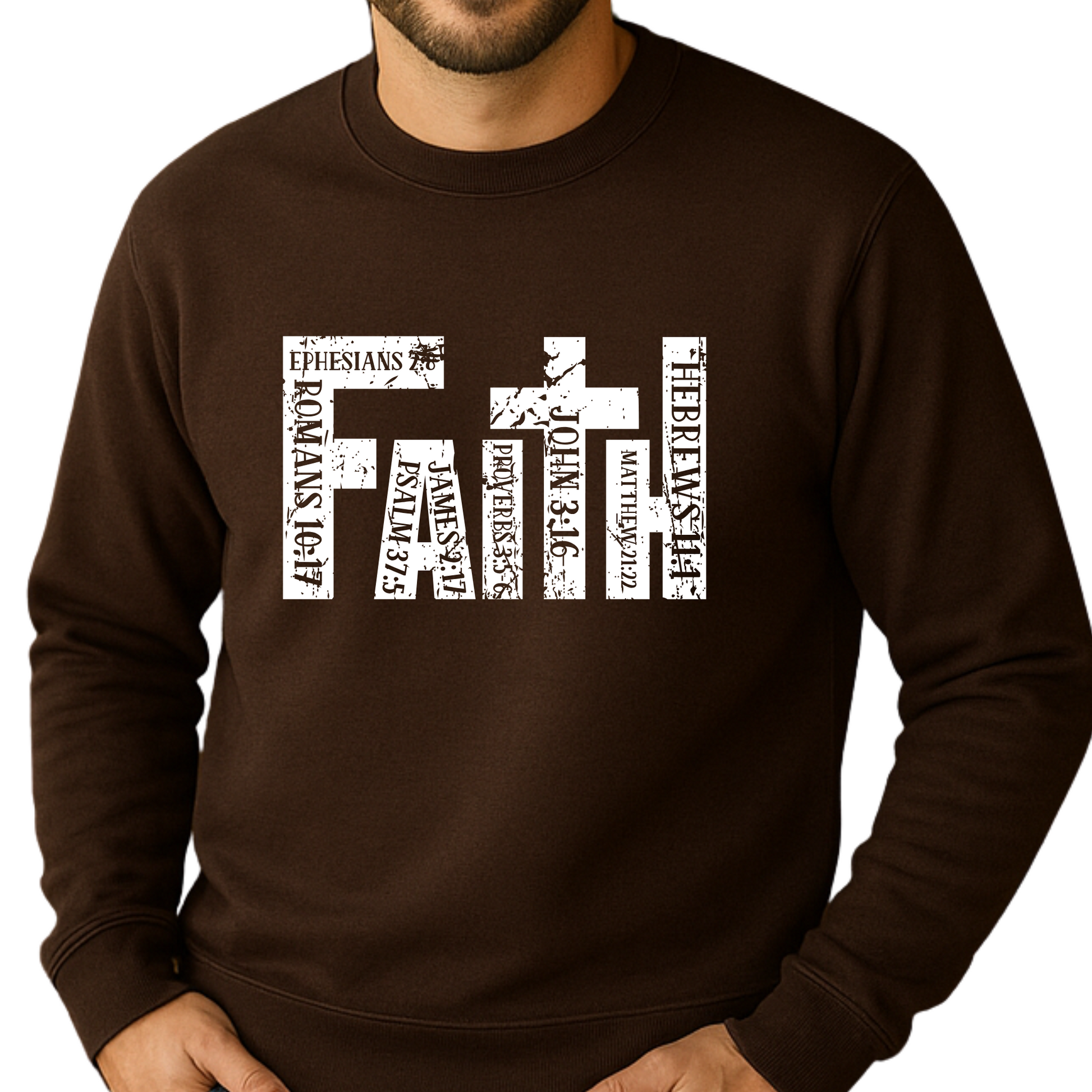Man wearing brown Christian Apparel with Bible Verse Design | Religious Sweatshirt for Men 
